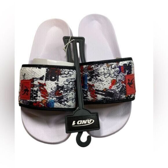 NWOB AND 1 - White Basketball Print Slip On Athletic Slides  - Men 9 Women 11 - Picture 1 of 6